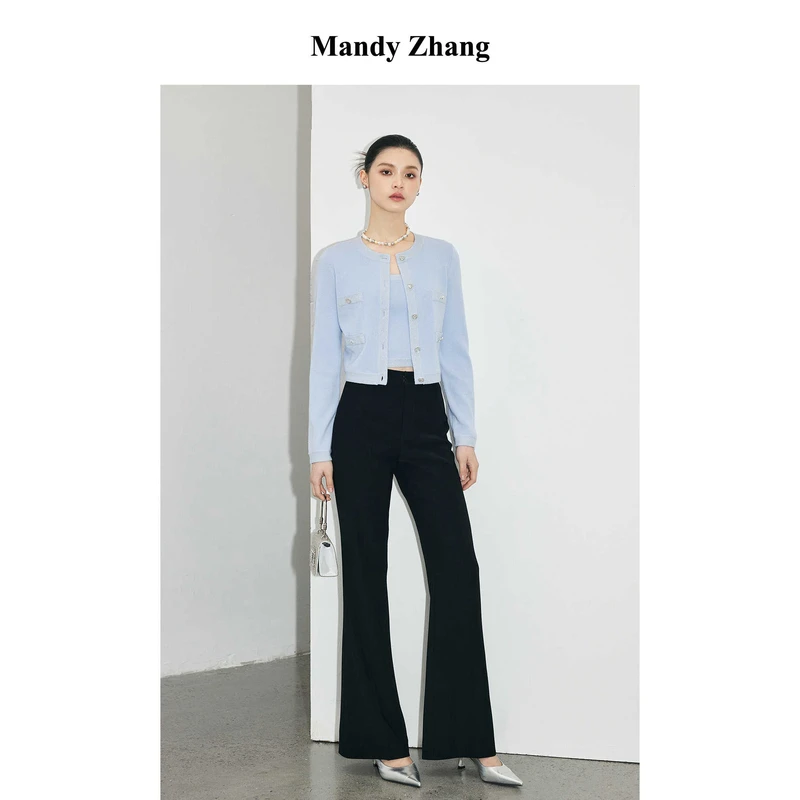 【陈大可专属】Mandyzhang极简黑色裤女夏微喇西裤