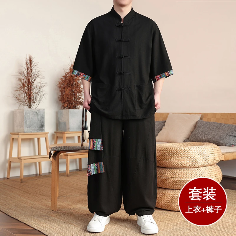 青年唐装休闲亚麻套装夏季中国风藏式印花短袖衬衫宽松长裤两件套