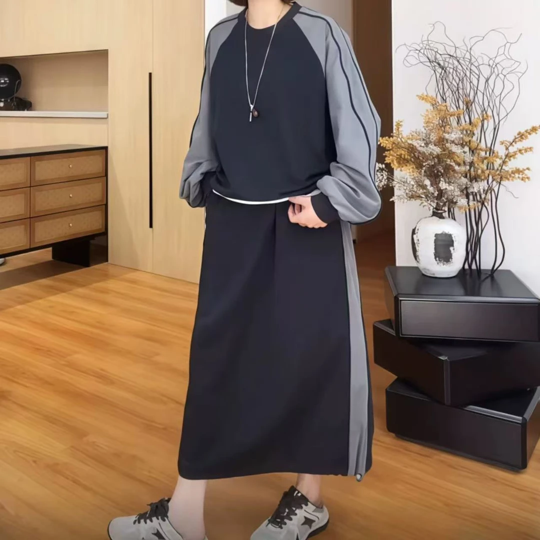 圆领休闲撞色套装女2025秋季大码胖MM显瘦卫衣+半身裙两件套3029