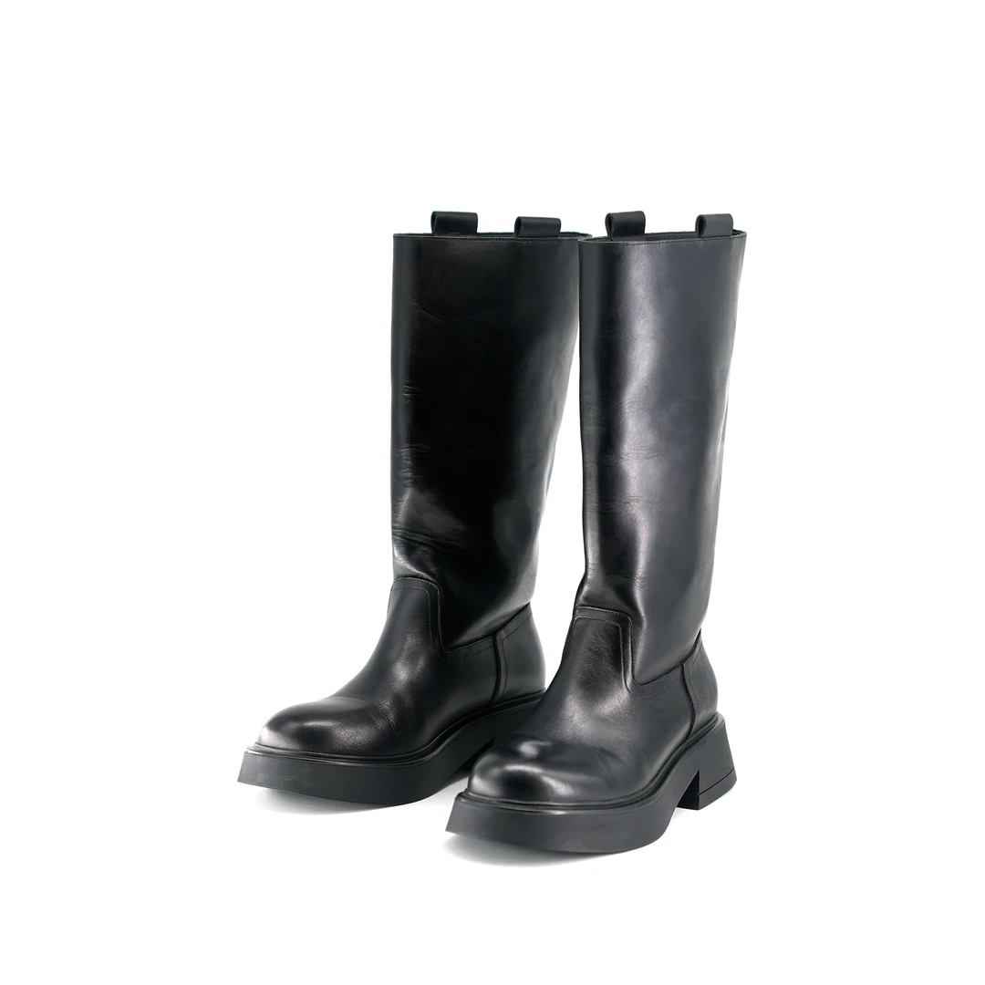 【小刚懂鞋】2024秋冬真皮骑士高筒厚底机车靴黑色牛皮手工靴5080-1