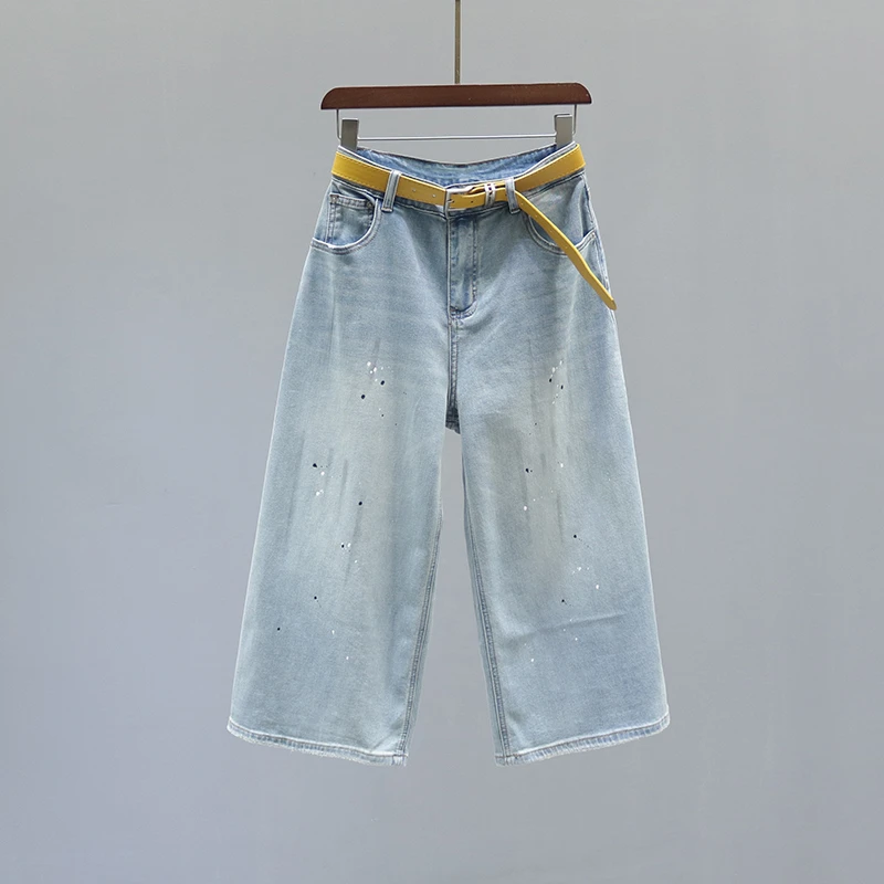 复古浅蓝色高腰阔腿牛仔裤女春夏2025新款直筒宽松休闲百搭七分裤