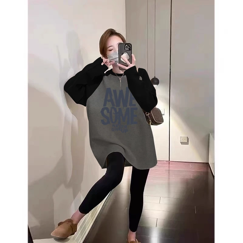 德绒磨毛保暖中长款遮屁股插肩拼接撞色长袖t恤女宽松打底衫秋冬