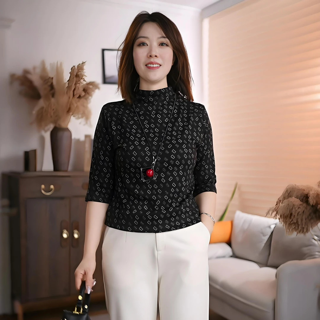 春新款内搭外穿小衫印花半高领洋气打底衫【气质·B字母】