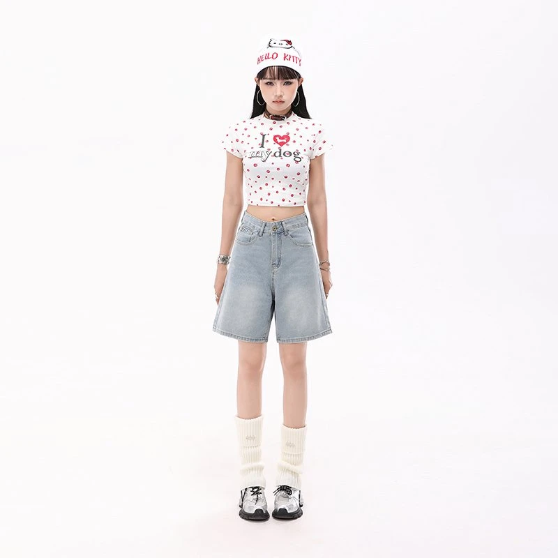【现货】浅蓝色五分高腰牛仔短裤女夏宽显瘦松阔腿裤子休闲薄款短裤
