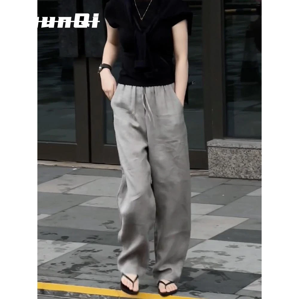 淳启气质休闲薄款宽松直筒裤女夏季新款高腰薄款纯色休闲长裤潮流