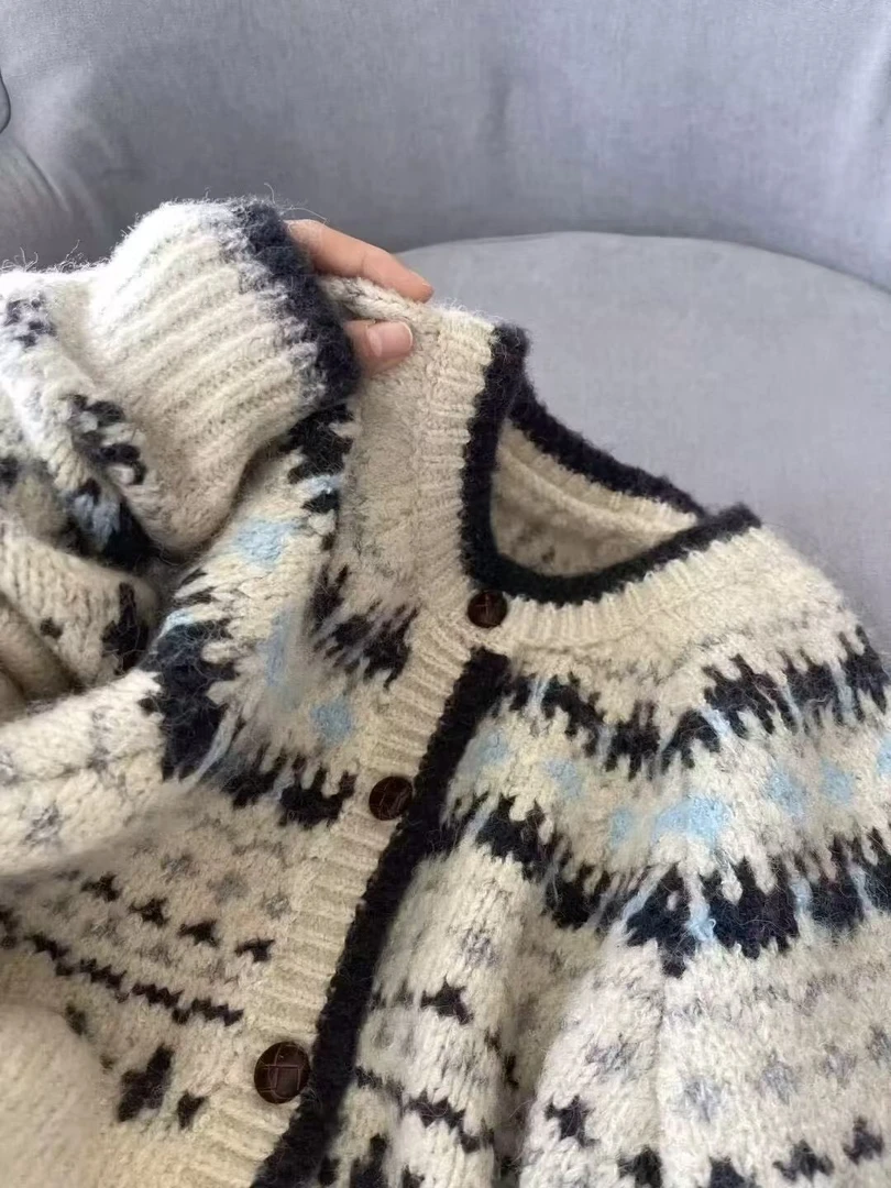 费尔岛毛衣开衫圆领提花针织女宽松春毛针织衫复古高级感针织衫潮