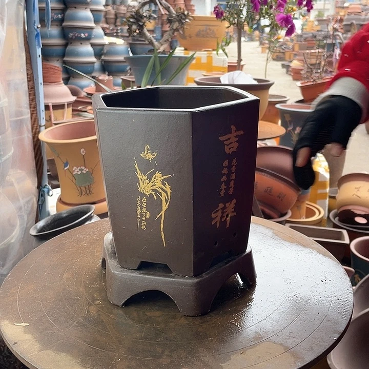 红陶宜兴紫砂棕如意六方加托小