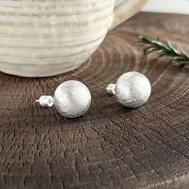 925银耳饰 925纯银磨砂拉丝圆球耳钉女简约轻奢高级感不掉色时髦