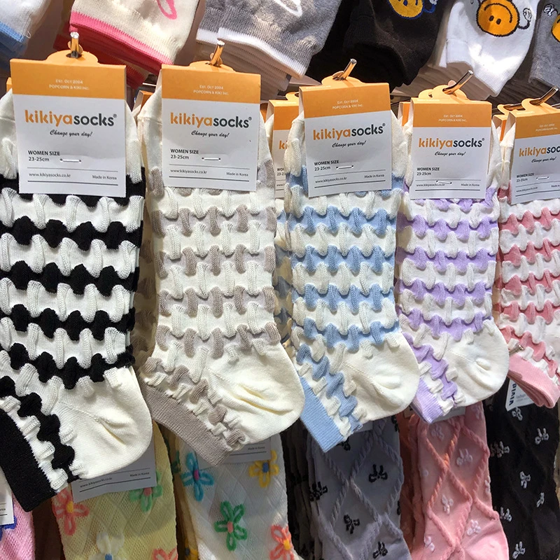 春夏新款韩国袜子kikiya浮雕水波纹少女袜短筒东大门进口透气薄棉