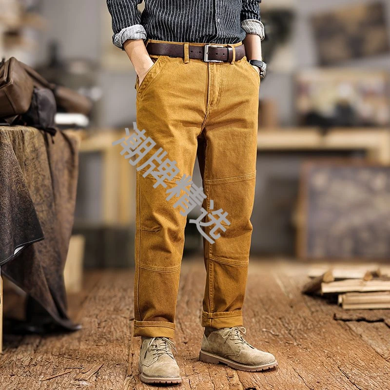 美式复古重磅工装裤男春夏宽松直筒休闲长裤拼接户外伐木裤裤子