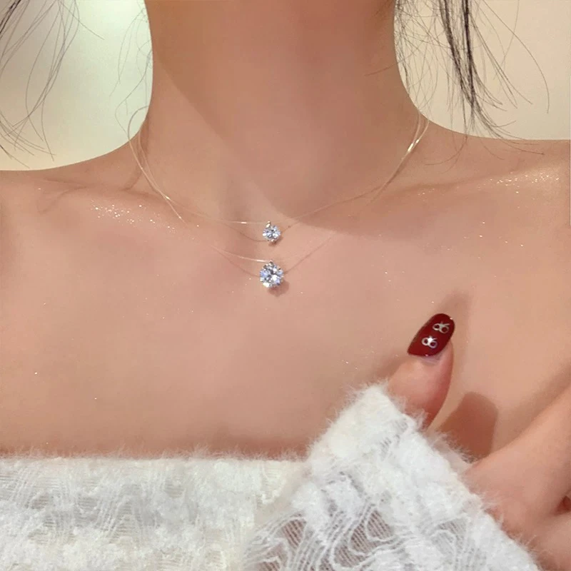 非金属合成锆石项链 人鱼之泪项链女锆石隐形鱼线小众百搭锁骨链