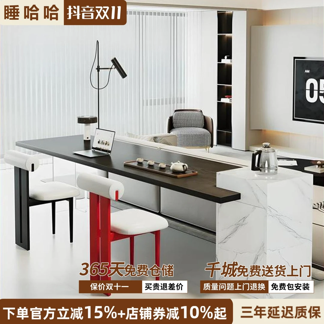 实木大板书桌带插座客厅沙发后长条桌意式极简茶桌书桌一体两用