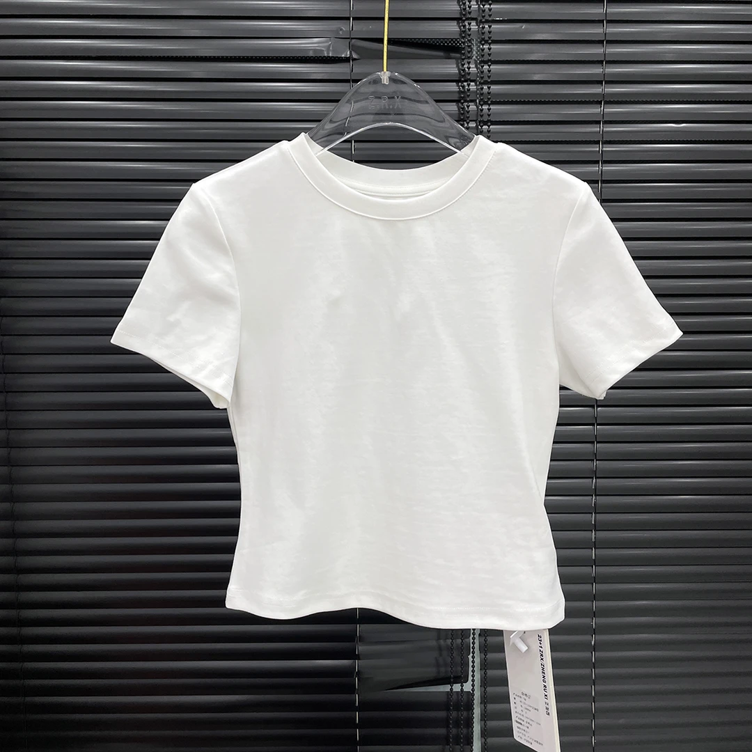 付新博女装圆领短袖T恤女小众设计百搭显瘦简约短款上衣13896