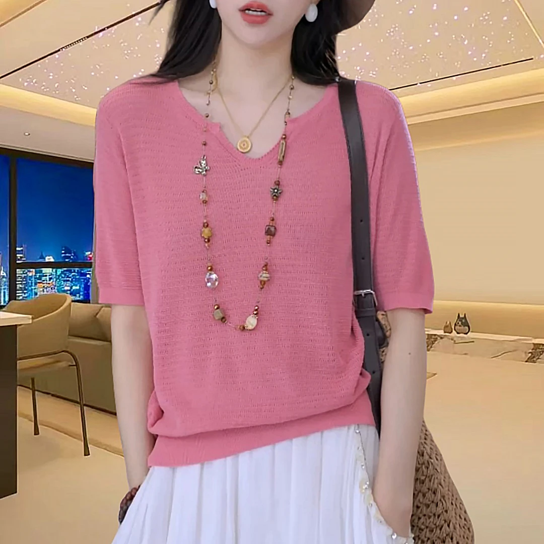 夏季薄款镂空针织衫女短袖v领纯色宽松高级感套头衫时尚洋气上衣