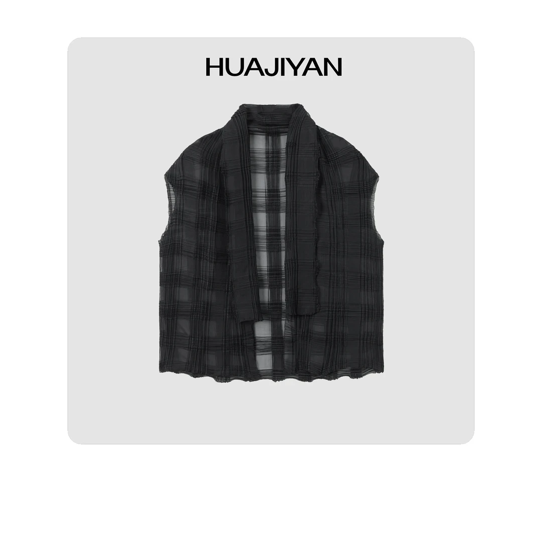 华吉言/HUAJIYAN【星罗】定制半透格纹压褶面料短款无扣无袖上衣