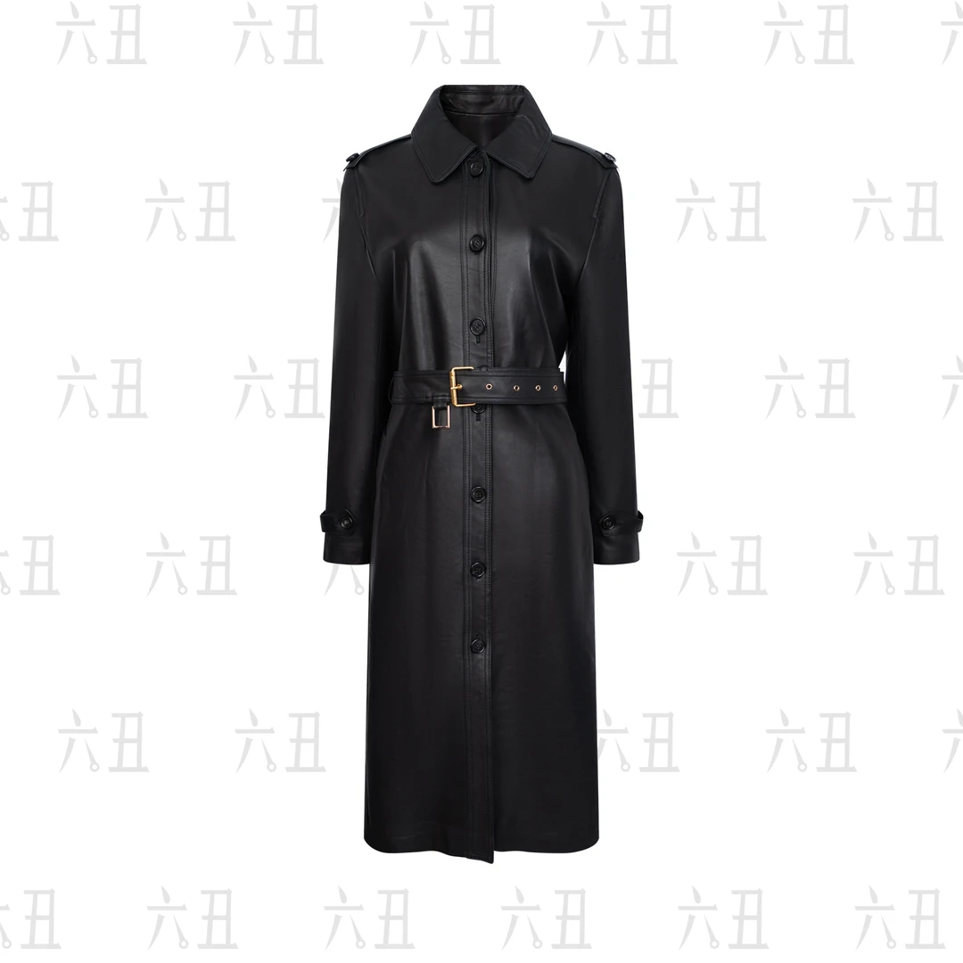 【六丑】新款时尚高级气质显瘦通勤单排扣金扣腰带皮衣509APY0017