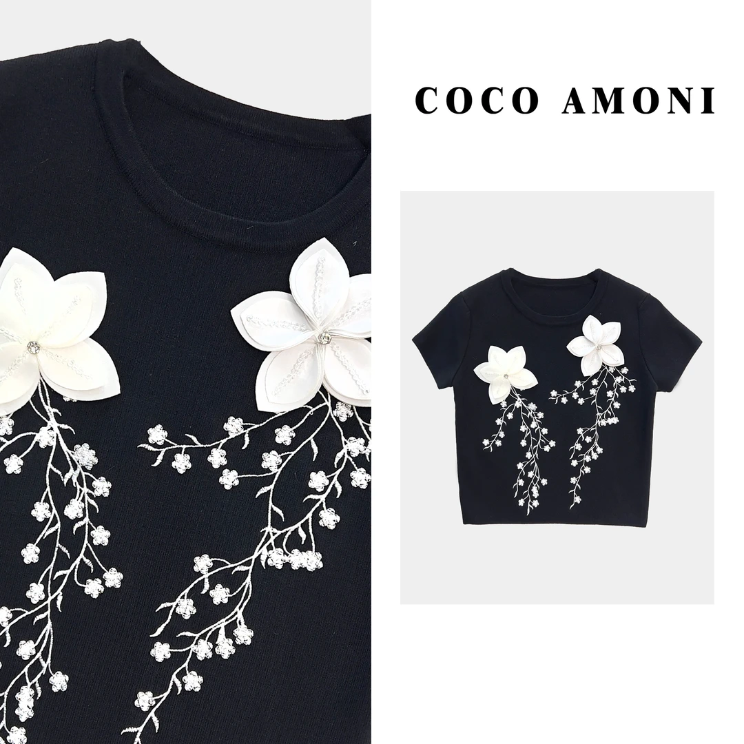 COCO Amoni重工刺绣立体花朵设计感显瘦上衣短袖T恤女JY011