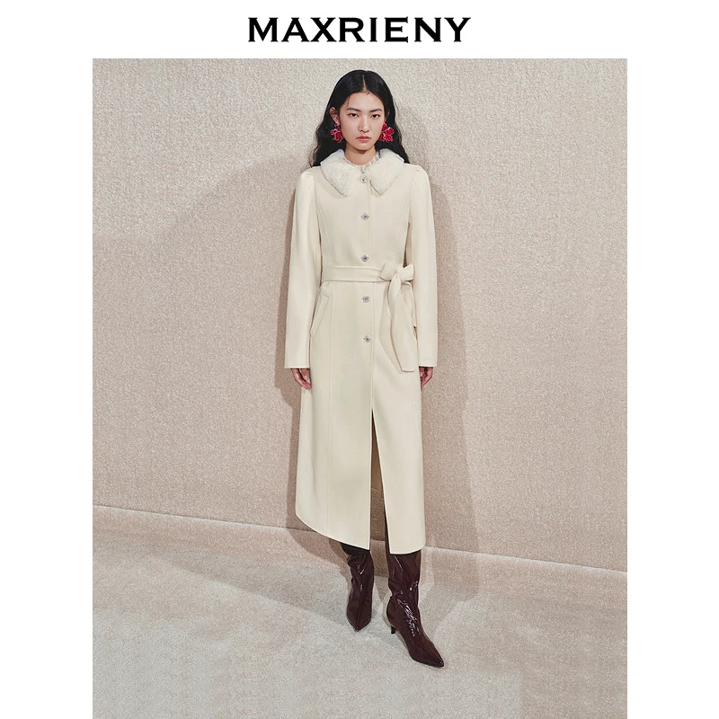 MAXRIENY米白色绵羊毛大衣中长款24冬新款廓形保暖