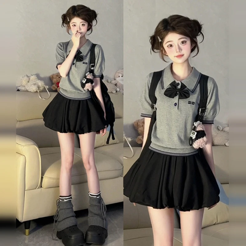 韩系复古灰色撞色polo针织衫短袖t恤女夏季2025新款修身显瘦上衣