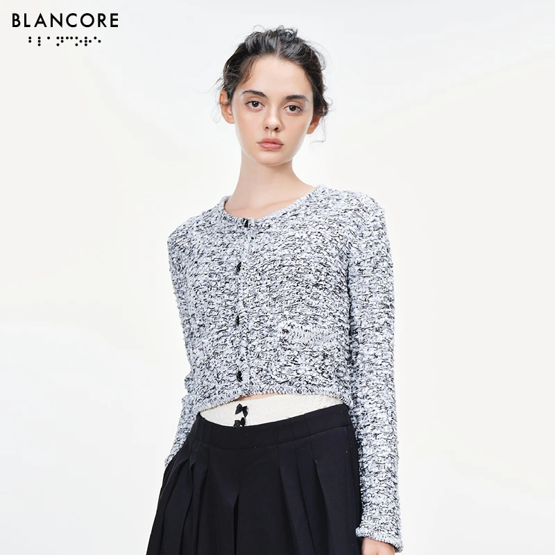 【设计师品牌BLANCORE】冬季新款设计感开衫式灰白点毛衣上衣