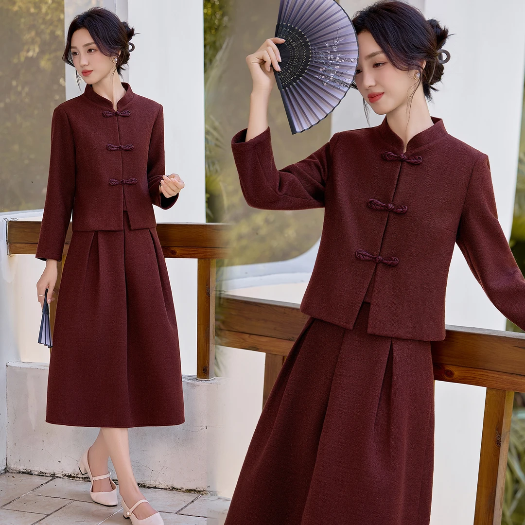时尚套装中国风上衣春秋红色气质礼服长袖毛呢显瘦复古中式修身
