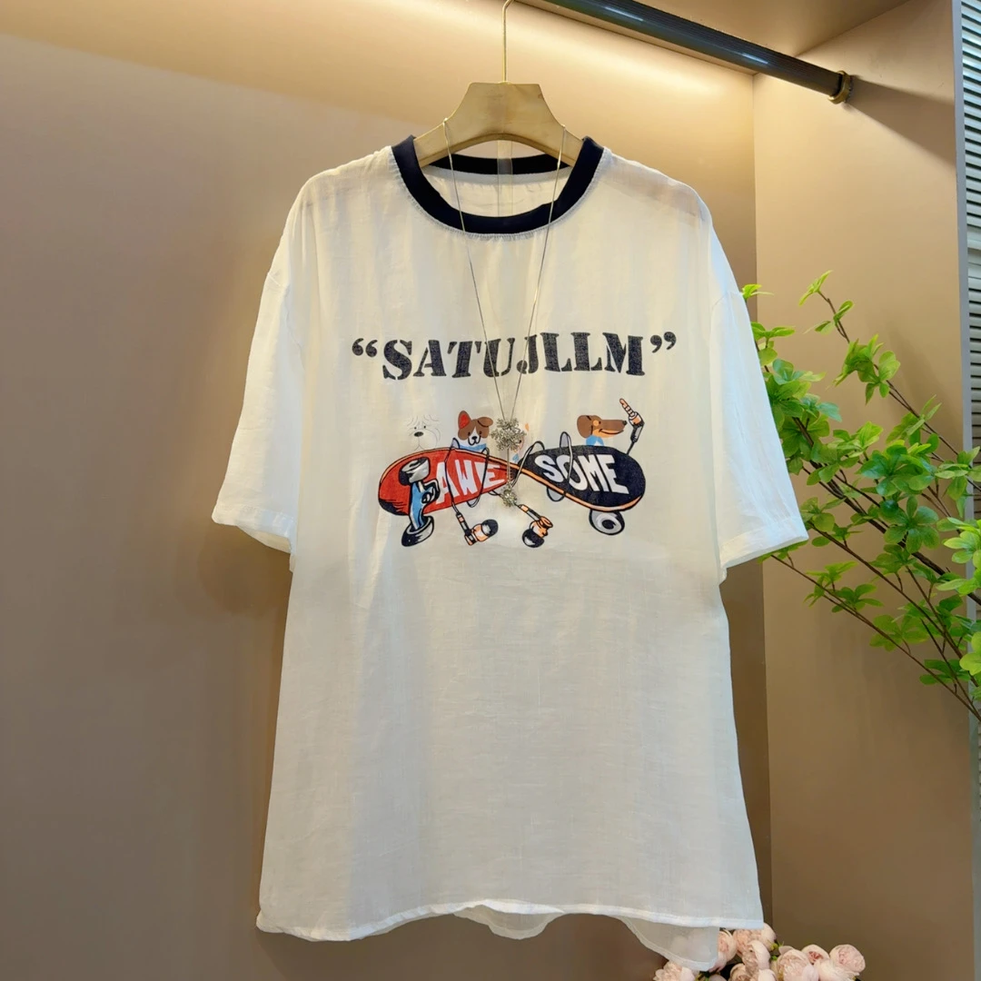 洋气气质时尚胖MM新款拼接卡通休闲宽松减龄百搭上衣（长79左右）