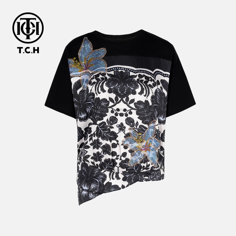 TCH私服烫钻工艺新时尚淑女百搭新潮流T恤女T75B10E5157轻奢tch