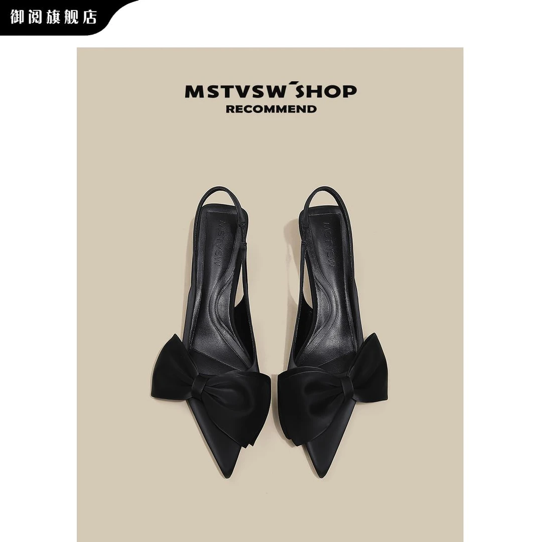 雅珠2025新款蝴蝶结尖头女式凉鞋百搭高端黑色优雅细跟高跟鞋小众