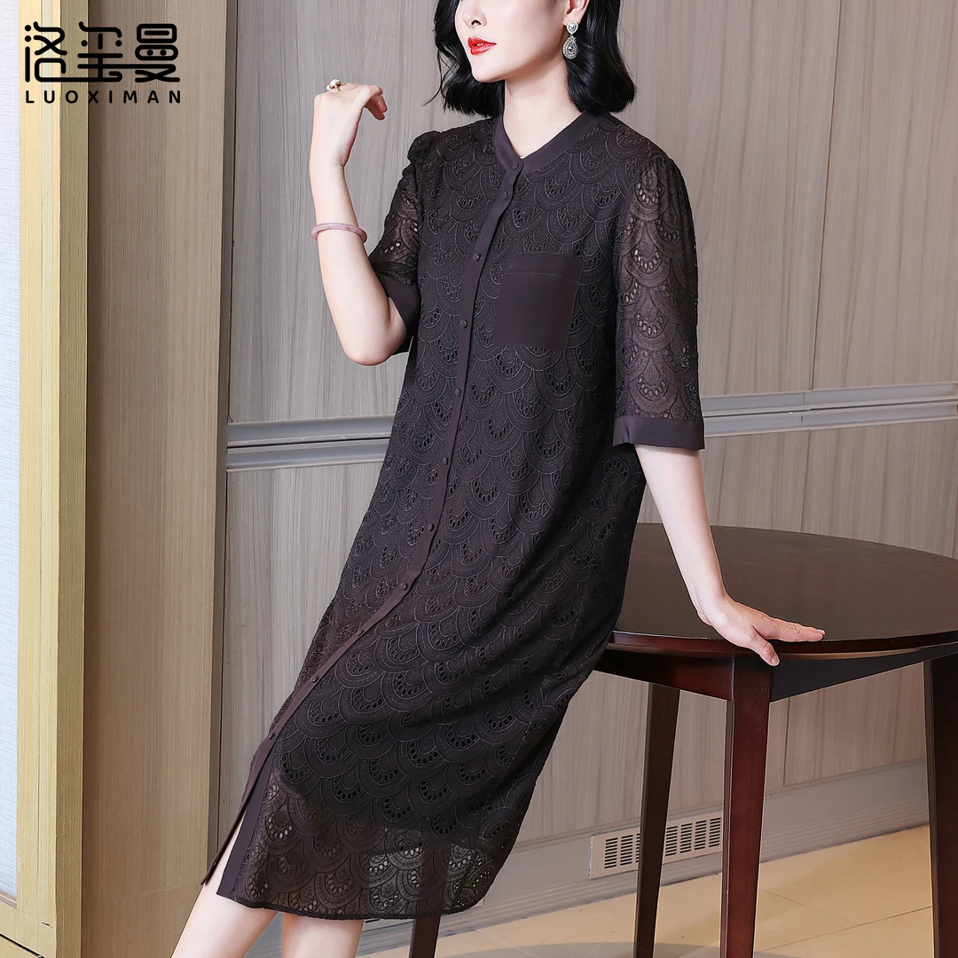 洛玺曼真丝镂空洋气中年妈妈桑蚕丝连衣裙复古高贵宽松显瘦直筒裙
