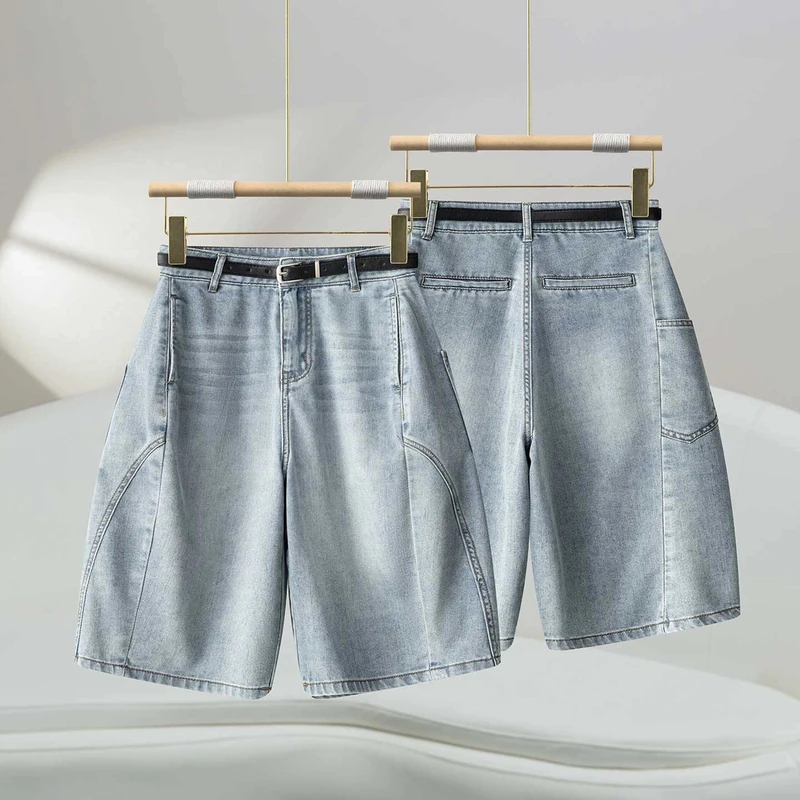 今年流行牛仔五分短裤女夏季薄2025新款高腰宽松直筒阔腿工装中裤