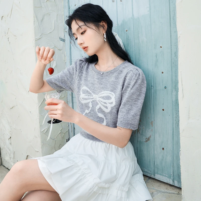 【绿子粉丝专享】N843023毛针织衫 香影蝴蝶结针织衫女短袖新款