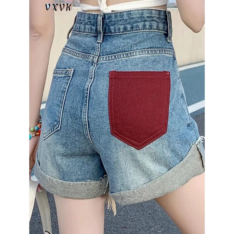 复古蓝撞色牛仔短裤女2025夏季松紧高腰宽松显瘦a字破洞阔腿热裤