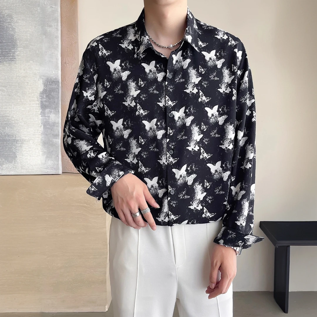 莱蒙璀小众设计感花衬衫男长袖潮牌春秋季上衣高级垂感痞帅衬衣