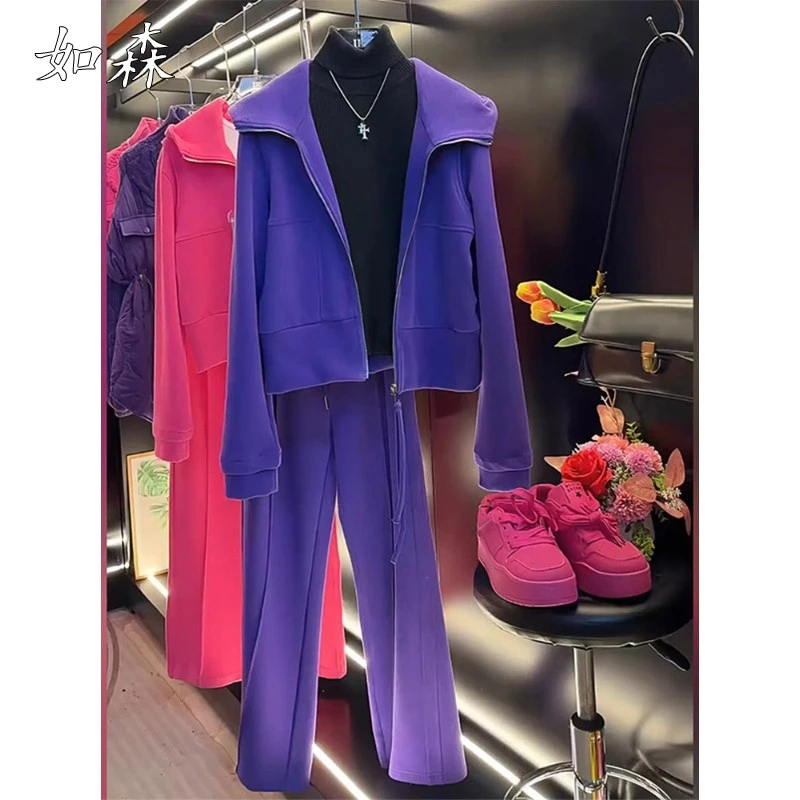2025年春季紫色运动套装女新款时尚减龄开衫宽松显瘦阔腿裤两件套