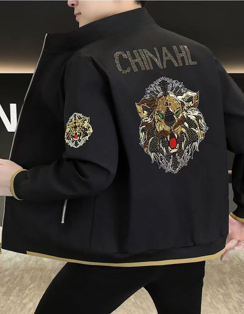 男士春秋季新款时尚潮流韩版修身立领刺绣拉链款长袖夹克外套上衣