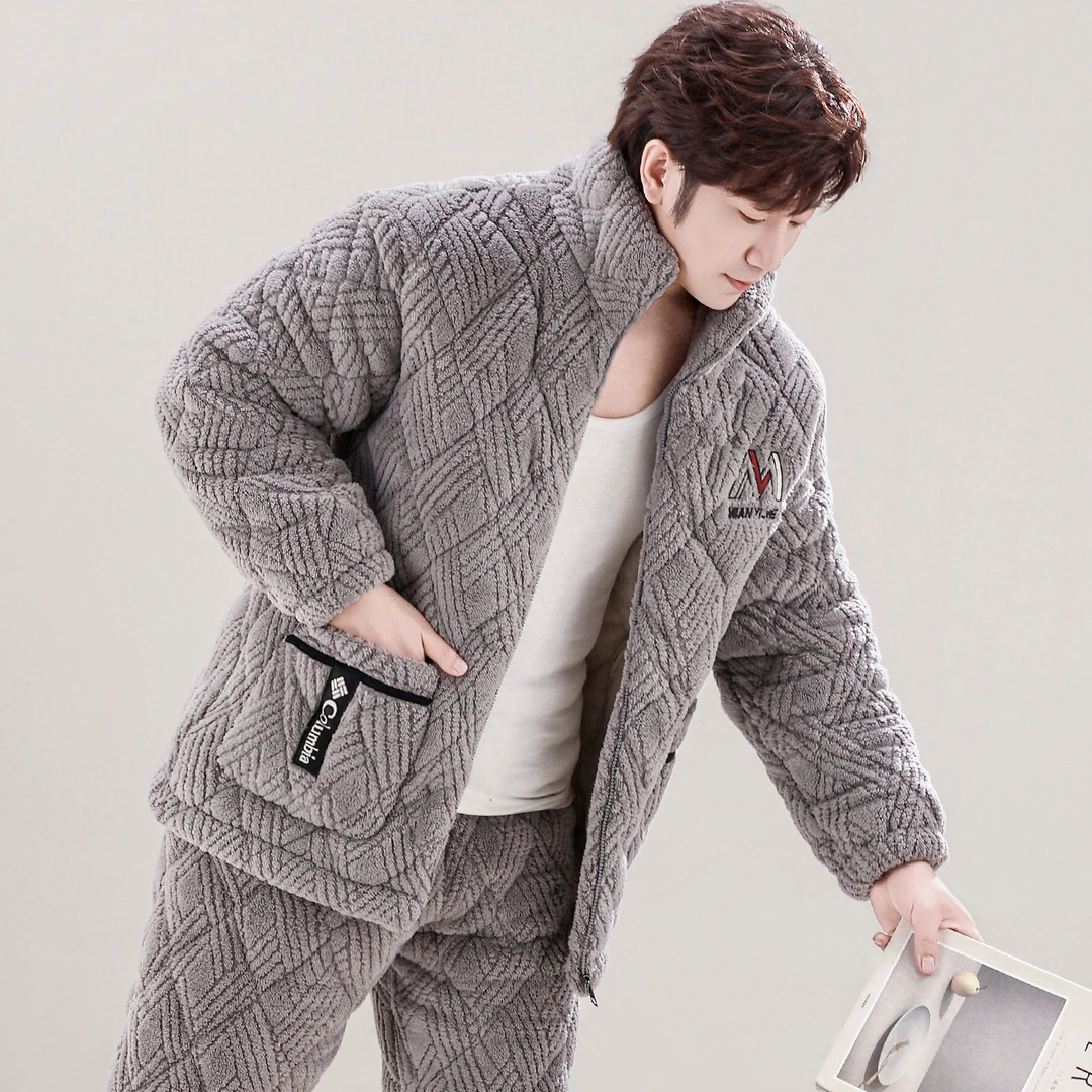 男士三层加厚珊瑚绒保暖冬季夹棉衣睡衣加绒青年家居服套装男冬款