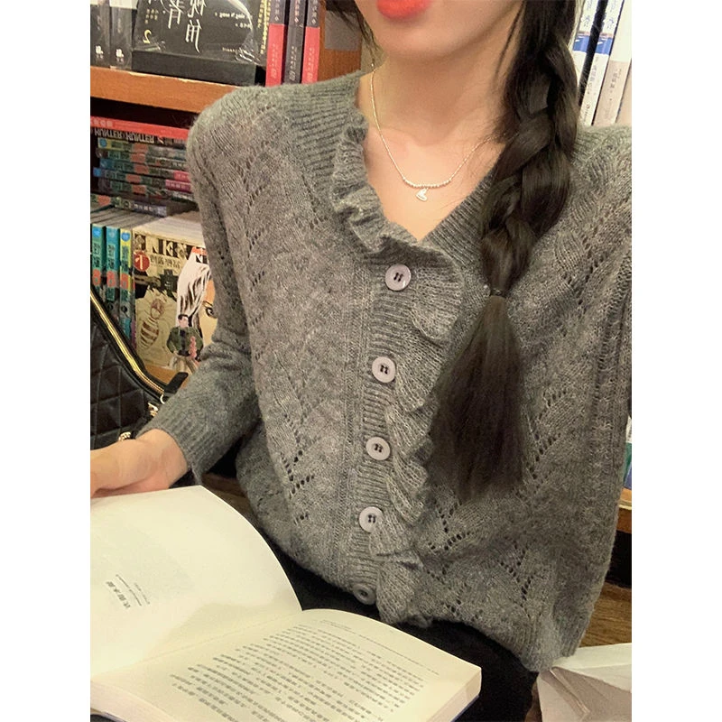 【双11捡漏】乌77设计感镂空挑孔v领木耳边毛衣开衫女气质宽松针
