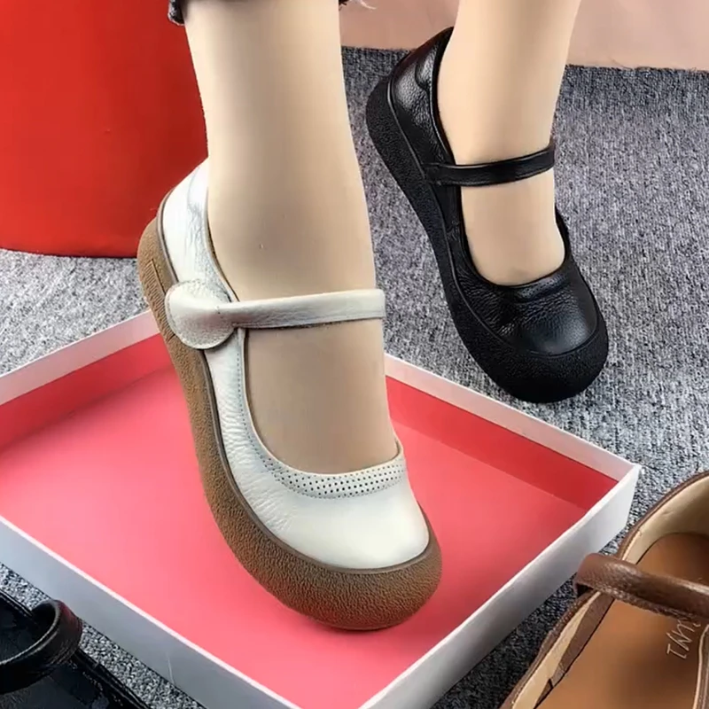 牛皮单鞋女2025夏季新款真皮厚底平底浅口女鞋软底软皮妈妈鞋皮鞋