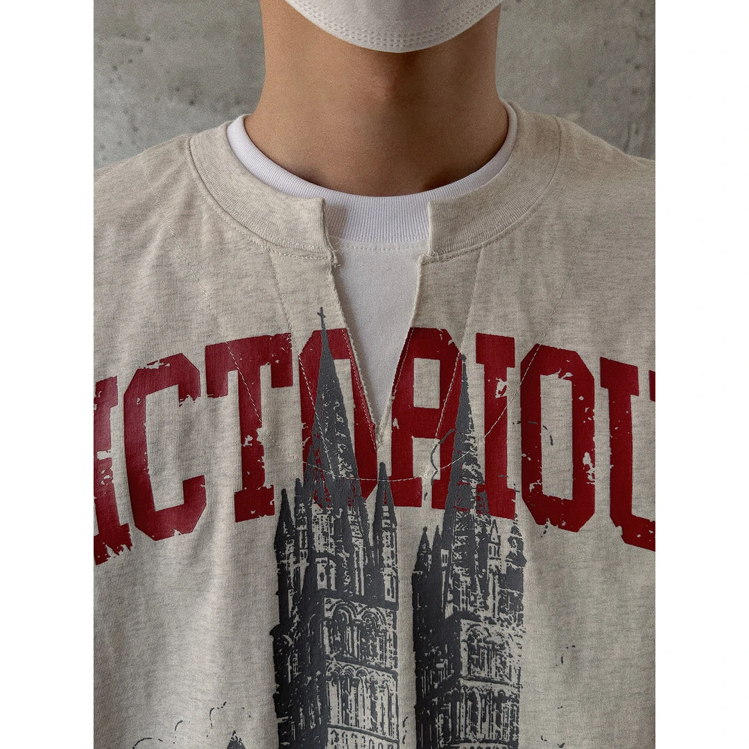 19studio WAYNEPRINCE 领口拼接假两件短袖美式嘻哈风做旧印花t恤