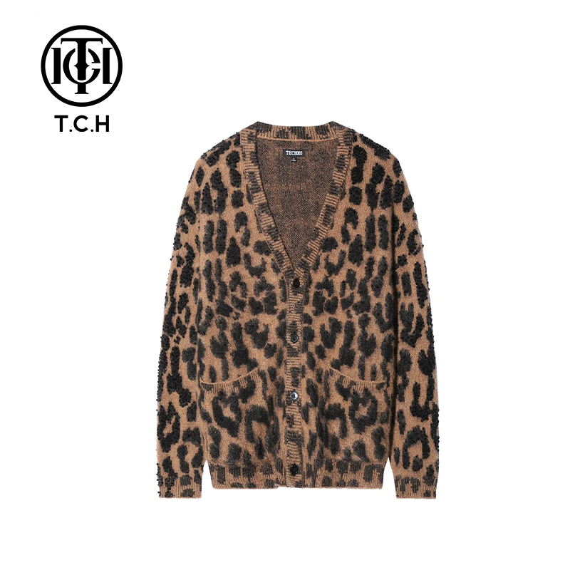 TCH潮牌满豹纹大颗粒手缝时尚宽松咖色针织开衫T69D438013