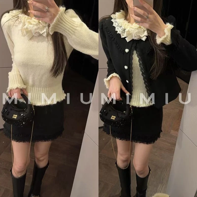 【mimius】七宫廷风蕾丝边呢外套+拉夫领针织/胸针可拆+裙裤 G11125