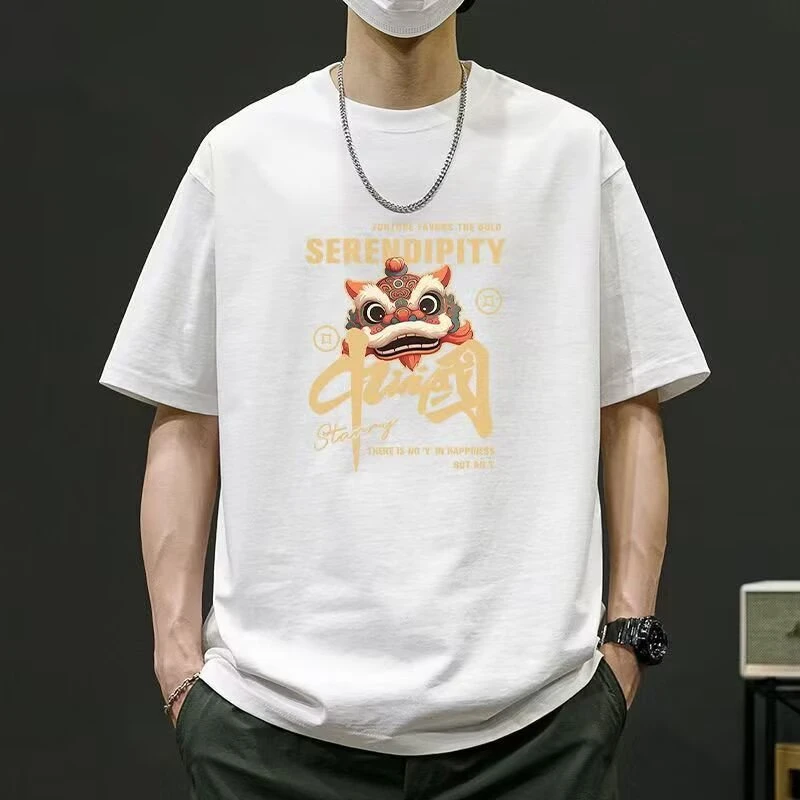 夏季国潮醒狮印花短袖t恤男士中国风潮牌宽松大码圆领5分半男装