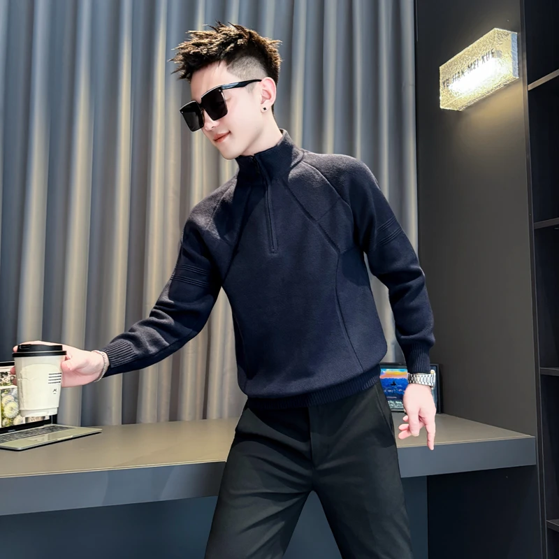 藏青色半拉链毛衣男士春秋款高级感立领针织冬装内搭打底线衫外套
