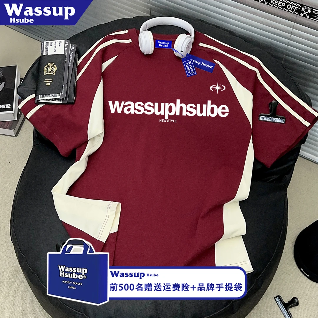 WASSUP HSUBE美式复古拼接撞色短袖T恤男女潮牌街头赛车风上衣服