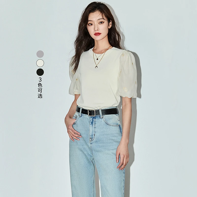 LILY夏季新款复古泡泡袖时尚舒适圆领气质女装针织衫124209TK944