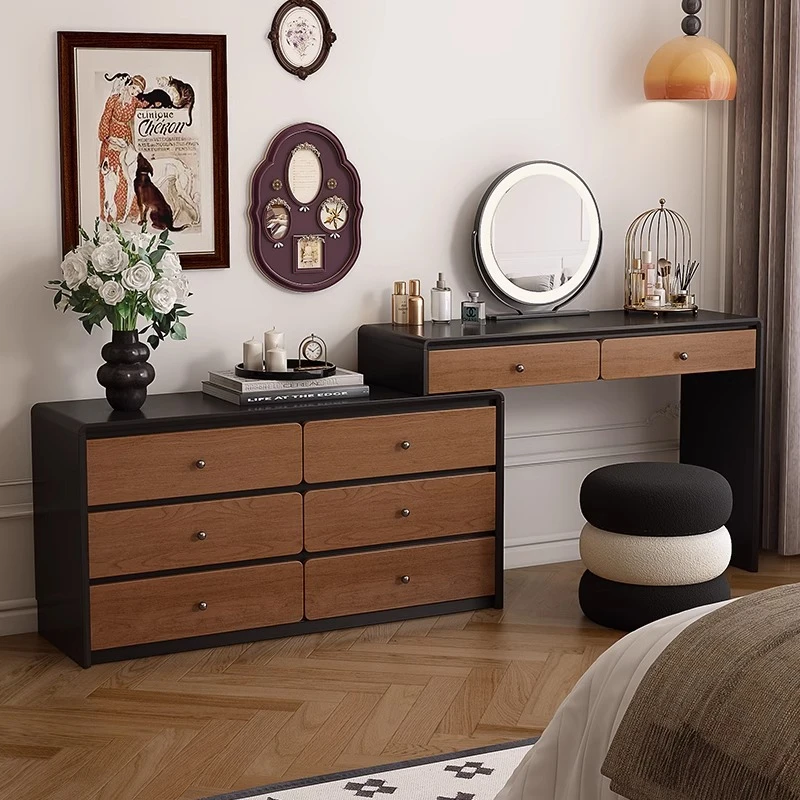 中古风实木梳妆台卧室床尾化妆台斗柜一体收纳柜网红可伸缩化妆桌