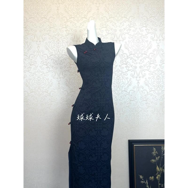 球球夫人丨静姝）116cm早秋新品单层藏蓝后拉链显白显瘦日常旗袍