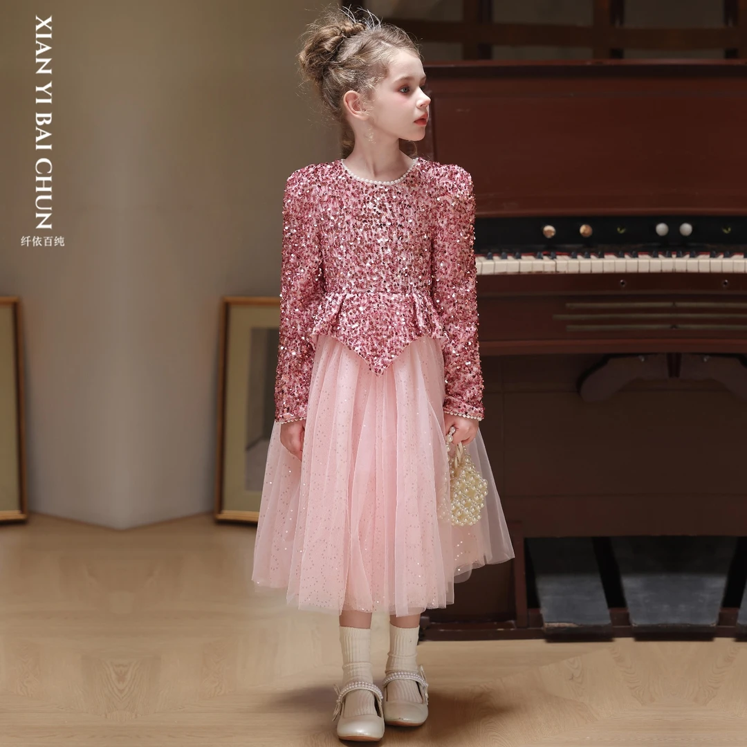 女童秋冬亮片公主裙长袖生日礼服蓬蓬裙连衣裙洋气千金风纱裙