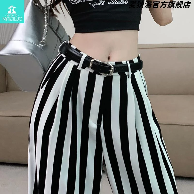 黑白条纹阔腿西装裤女夏季薄款ins潮高街直筒长裤垂感休闲拖地裤