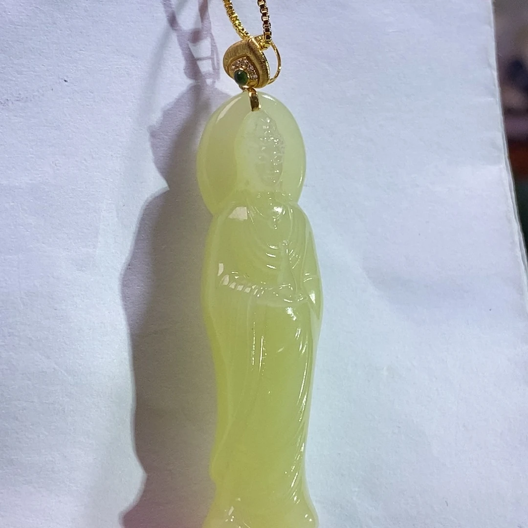 颈饰未镶嵌和田玉黄口料金镶观音吊坠